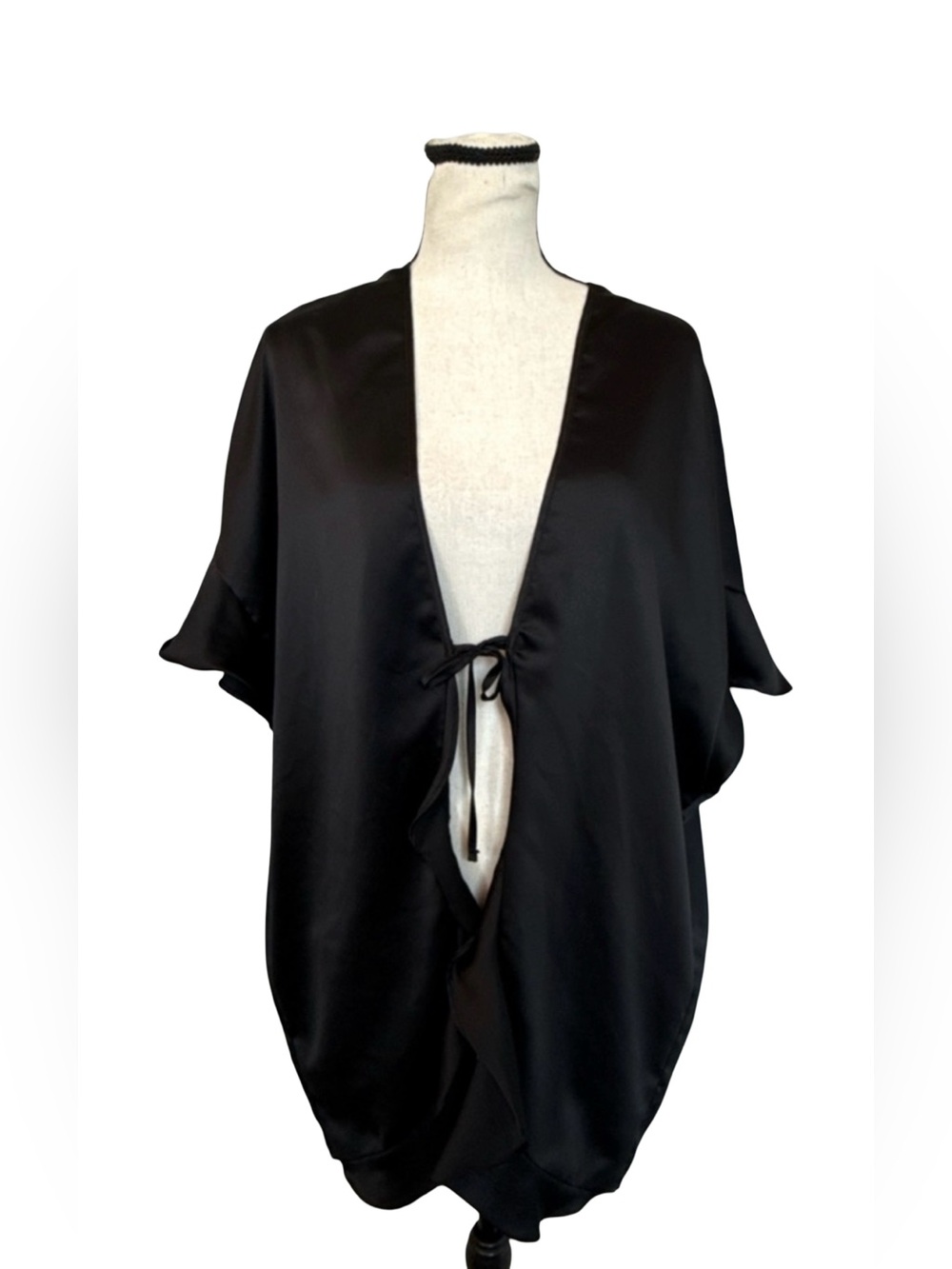 Victoria's Secret Black Love Logo ONE SIZE Satin Flounce Kimono Robe VS
